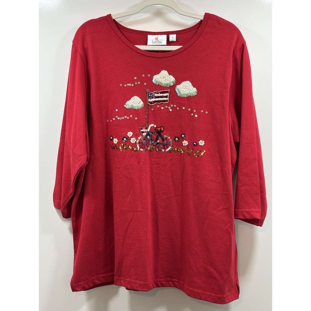 Quacker Factory Top 4th Of July Sequin Patriotic 3/4 Sleeve Women's Sz 1X